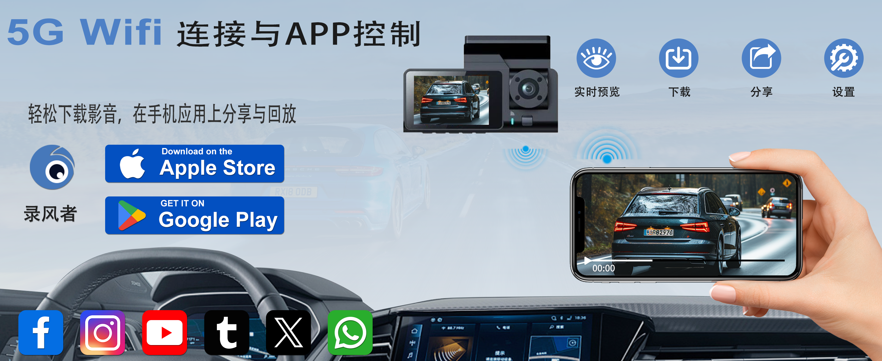 跨境亚马逊爆款三录行车记录仪高清夜视WiFi互联循环录像停车监控 详情图
